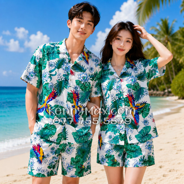 Bộ Áo Sơ Mi Quần Short Hawaiian Chim Vẹt Lá Xanh Nam Nữ Đi Biển