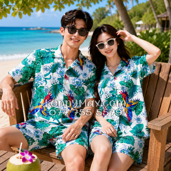 Bộ Áo Sơ Mi Quần Short Hawaiian Chim Vẹt Lá Xanh Nam Nữ Đi Biển