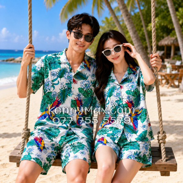 Bộ Áo Sơ Mi Quần Short Hawaiian Chim Vẹt Lá Xanh Nam Nữ Đi Biển