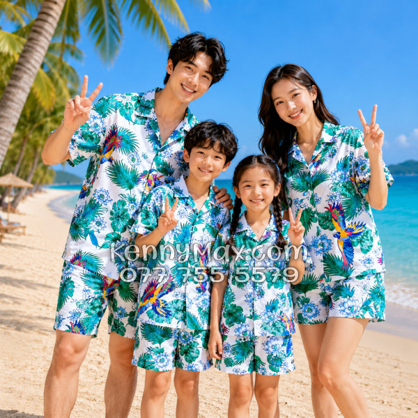 Bộ Áo Sơ Mi Quần Short Hawaiian Chim Vẹt Lá Xanh Nam Nữ Đi Biển