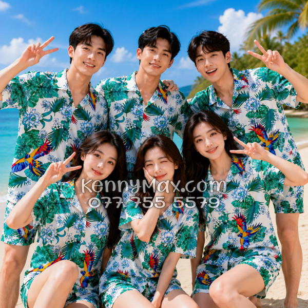 Bộ Áo Sơ Mi Quần Short Hawaiian Chim Vẹt Lá Xanh Nam Nữ Đi Biển