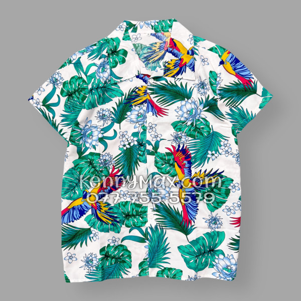 Bộ Áo Sơ Mi Quần Short Hawaiian Chim Vẹt Lá Xanh Nam Nữ Đi Biển