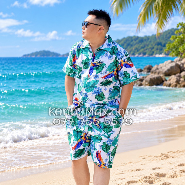 Bộ Áo Sơ Mi Quần Short Hawaiian Chim Vẹt Lá Xanh Nam Nữ Đi Biển