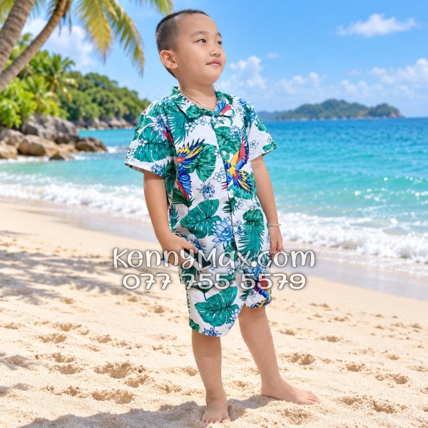 Bộ Áo Sơ Mi Quần Short Hawaiian Chim Vẹt Lá Xanh Nam Nữ Đi Biển