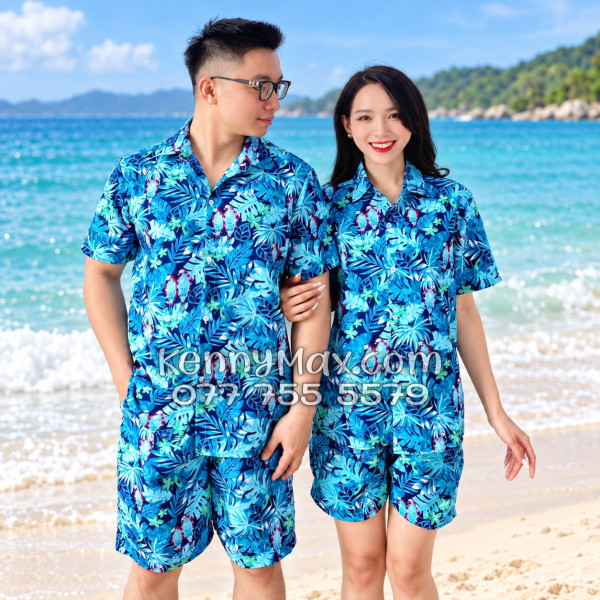 Bộ Áo Sơ Mi Quần Short Hawaiian Vẹt Xanh Nam Nữ Đi Biển