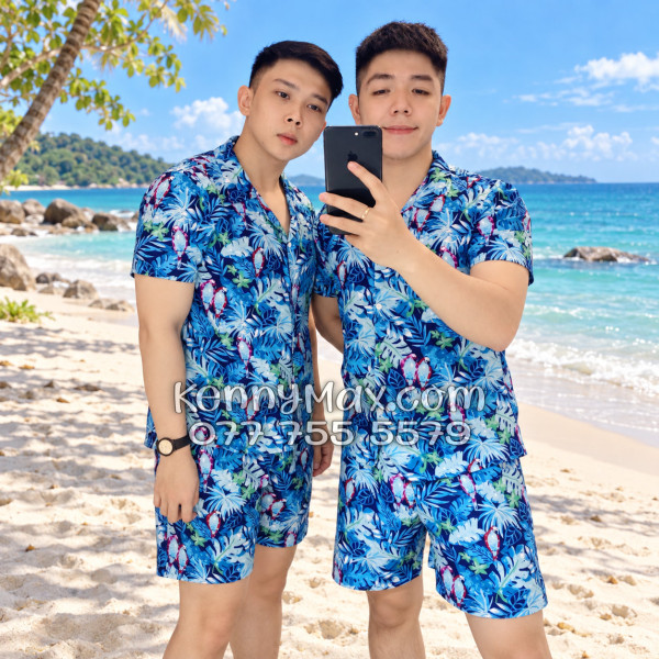 Bộ Áo Sơ Mi Quần Short Hawaiian Vẹt Xanh Nam Nữ Đi Biển