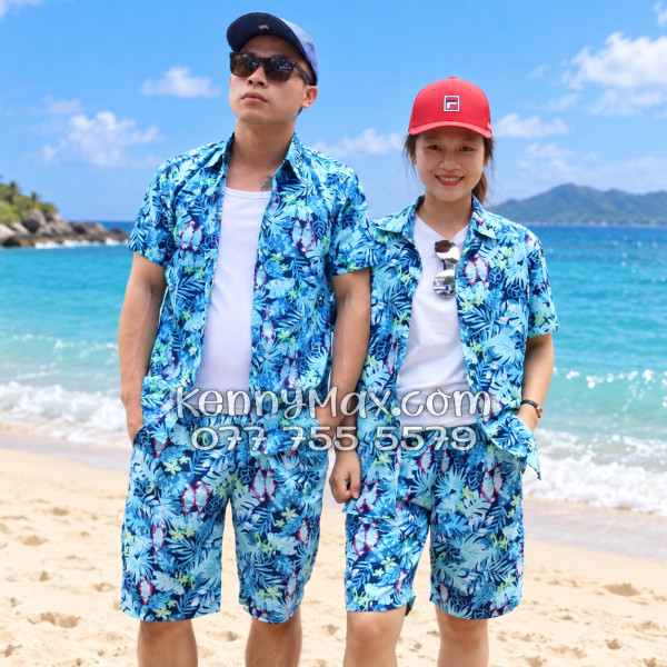 Bộ Áo Sơ Mi Quần Short Hawaiian Vẹt Xanh Nam Nữ Đi Biển