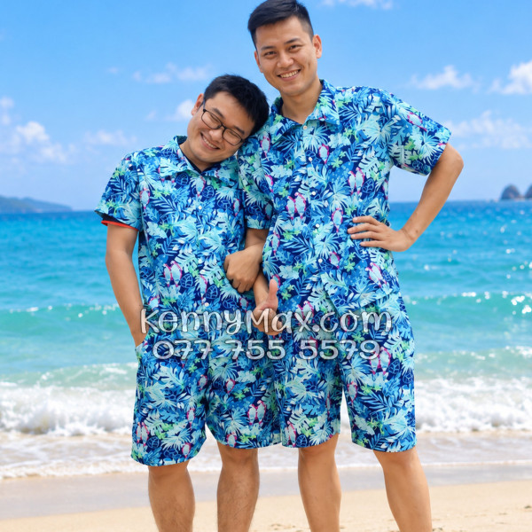 Bộ Áo Sơ Mi Quần Short Hawaiian Vẹt Xanh Nam Nữ Đi Biển