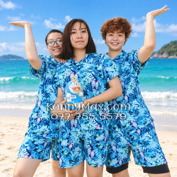 Bộ Áo Sơ Mi Quần Short Hawaiian Vẹt Xanh Nam Nữ Đi Biển