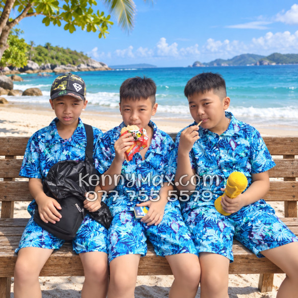 Bộ Áo Sơ Mi Quần Short Hawaiian Vẹt Xanh Nam Nữ Đi Biển