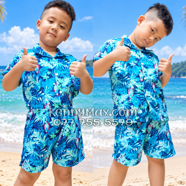 Bộ Áo Sơ Mi Quần Short Hawaiian Vẹt Xanh Nam Nữ Đi Biển