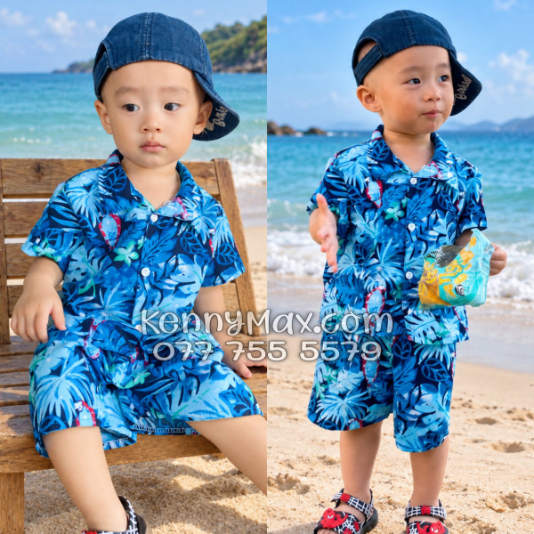 Bộ Áo Sơ Mi Quần Short Hawaiian Vẹt Xanh Nam Nữ Đi Biển