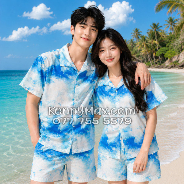Bộ Áo Sơ Mi Quần Short Hawaiian Mây Trắng Xanh Nam Nữ Đi Biển