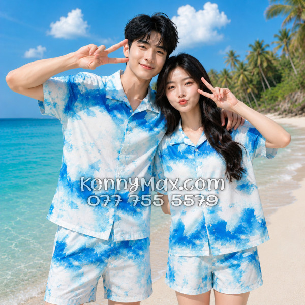 Bộ Áo Sơ Mi Quần Short Hawaiian Mây Trắng Xanh Nam Nữ Đi Biển
