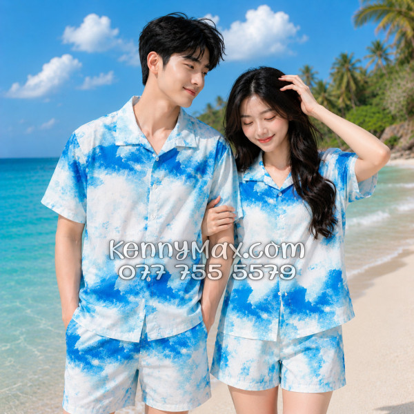 Bộ Áo Sơ Mi Quần Short Hawaiian Mây Trắng Xanh Nam Nữ Đi Biển