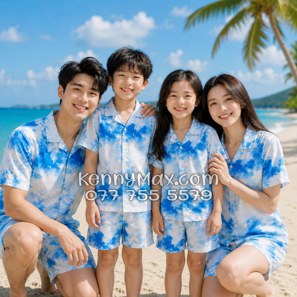 Bộ Áo Sơ Mi Quần Short Hawaiian Mây Trắng Xanh Nam Nữ Đi Biển