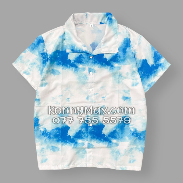 Bộ Áo Sơ Mi Quần Short Hawaiian Mây Trắng Xanh Nam Nữ Đi Biển