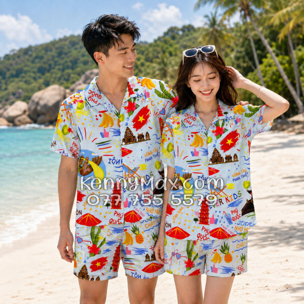Bộ Áo Sơ Mi Quần Short Hawaiian Du Lịch Việt Nam Hà Nội Sài Gòn Đà Nẵng Phú Quốc Phan Thiết Mũi Né Nha Trang Vũng Tàu Xanh