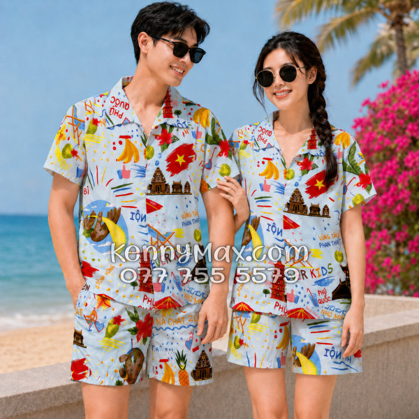Bộ Áo Sơ Mi Quần Short Hawaiian Du Lịch Việt Nam Hà Nội Sài Gòn Đà Nẵng Phú Quốc Phan Thiết Mũi Né Nha Trang Vũng Tàu Xanh