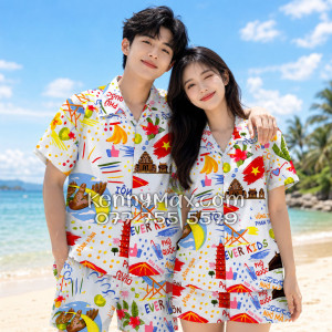 Bộ Áo Sơ Mi Quần Short Hawaiian Du Lịch Việt Nam Hà Nội Sài Gòn Đà Nẵng Phú Quốc Phan Thiết Mũi Né Nha Trang Vũng Tàu Xanh