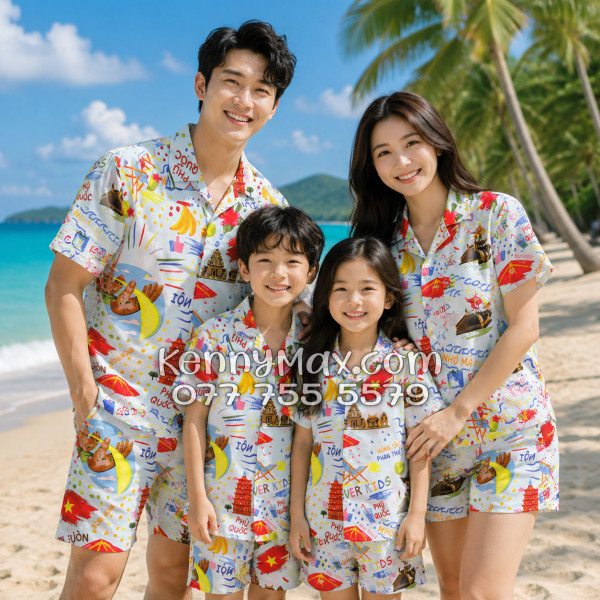 Bộ Áo Sơ Mi Quần Short Hawaiian Du Lịch Việt Nam Hà Nội Sài Gòn Đà Nẵng Phú Quốc Phan Thiết Mũi Né Nha Trang Vũng Tàu Xanh