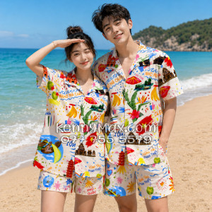 Bộ Áo Sơ Mi Quần Short Hawaiian Du Lịch Việt Nam Hà Nội Sài Gòn Đà Nẵng Phú Quốc Phan Thiết Mũi Né Nha Trang Vũng Tàu Màu Kem Nhạt