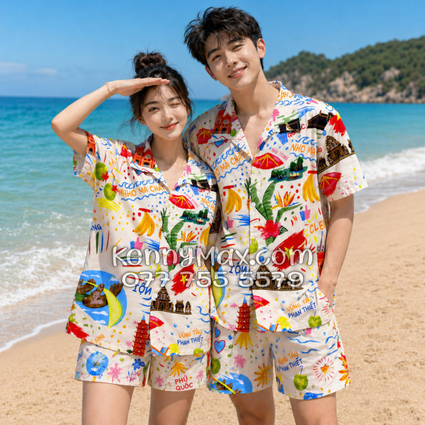Bộ Áo Sơ Mi Quần Short Hawaiian Du Lịch Việt Nam Hà Nội Sài Gòn Đà Nẵng Phú Quốc Phan Thiết Mũi Né Nha Trang Vũng Tàu Màu Kem Nhạt