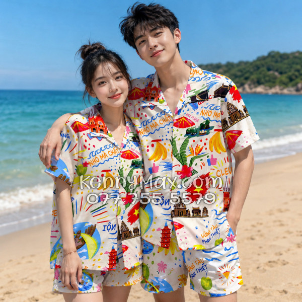 Bộ Áo Sơ Mi Quần Short Hawaiian Du Lịch Việt Nam Hà Nội Sài Gòn Đà Nẵng Phú Quốc Phan Thiết Mũi Né Nha Trang Vũng Tàu Màu Kem Nhạt