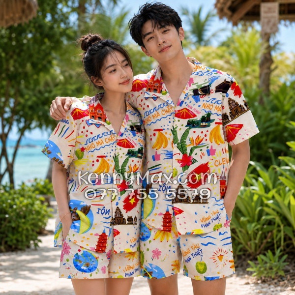 Bộ Áo Sơ Mi Quần Short Hawaiian Du Lịch Việt Nam Hà Nội Sài Gòn Đà Nẵng Phú Quốc Phan Thiết Mũi Né Nha Trang Vũng Tàu Màu Kem Nhạt