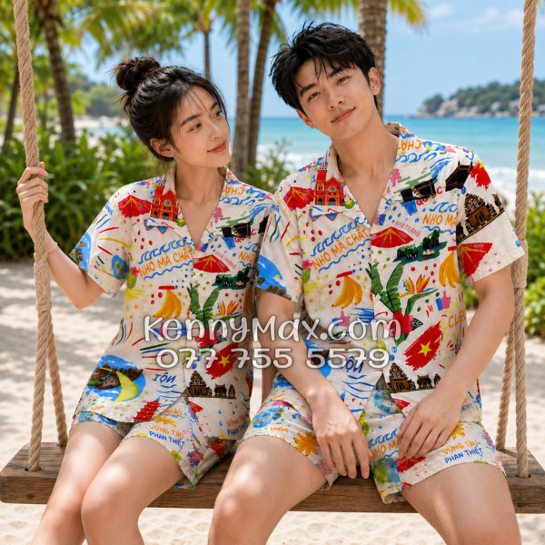 Bộ Áo Sơ Mi Quần Short Hawaiian Du Lịch Việt Nam Hà Nội Sài Gòn Đà Nẵng Phú Quốc Phan Thiết Mũi Né Nha Trang Vũng Tàu Màu Kem Nhạt