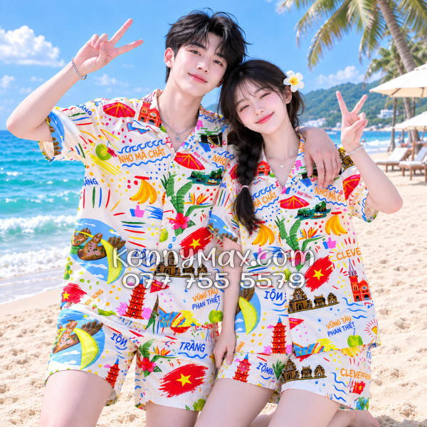 Bộ Áo Sơ Mi Quần Short Hawaiian Du Lịch Việt Nam Hà Nội Sài Gòn Đà Nẵng Phú Quốc Phan Thiết Mũi Né Nha Trang Vũng Tàu Màu Kem Nhạt