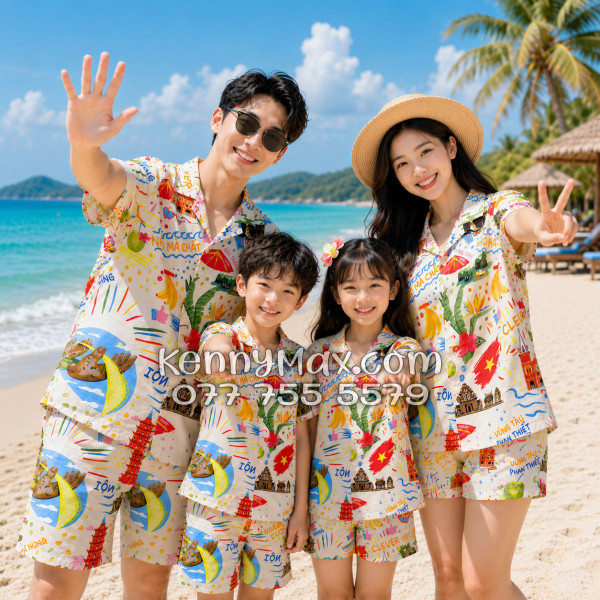 Bộ Áo Sơ Mi Quần Short Hawaiian Du Lịch Việt Nam Hà Nội Sài Gòn Đà Nẵng Phú Quốc Phan Thiết Mũi Né Nha Trang Vũng Tàu Màu Kem Nhạt