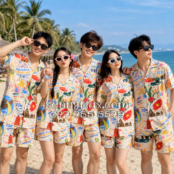 Bộ Áo Sơ Mi Quần Short Hawaiian Du Lịch Việt Nam Hà Nội Sài Gòn Đà Nẵng Phú Quốc Phan Thiết Mũi Né Nha Trang Vũng Tàu Màu Kem Nhạt