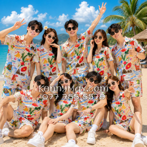 Bộ Áo Sơ Mi Quần Short Hawaiian Du Lịch Việt Nam Hà Nội Sài Gòn Đà Nẵng Phú Quốc Phan Thiết Mũi Né Nha Trang Vũng Tàu Màu Kem Nhạt