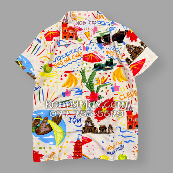 Bộ Áo Sơ Mi Quần Short Hawaiian Du Lịch Việt Nam Hà Nội Sài Gòn Đà Nẵng Phú Quốc Phan Thiết Mũi Né Nha Trang Vũng Tàu Màu Kem Nhạt