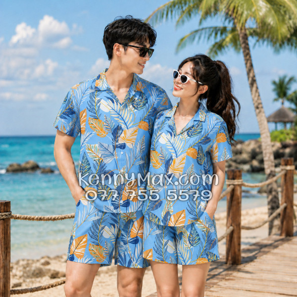 Bộ Áo Sơ Mi Quần Short Hawaiian Lá Môn Xanh Nam Nữ Đi Biển