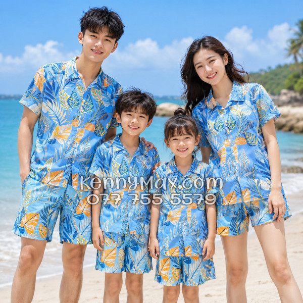 Bộ Áo Sơ Mi Quần Short Hawaiian Lá Môn Xanh Nam Nữ Đi Biển