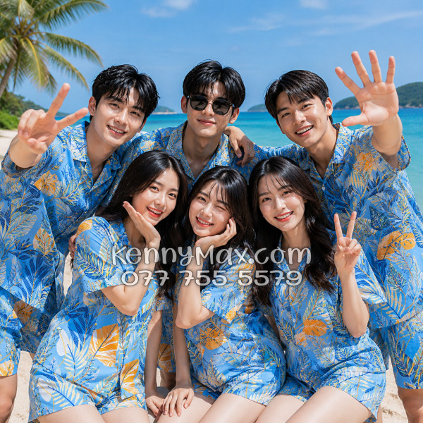 Bộ Áo Sơ Mi Quần Short Hawaiian Lá Môn Xanh Nam Nữ Đi Biển