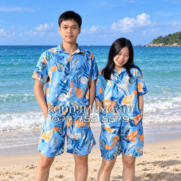 Bộ Áo Sơ Mi Quần Short Hawaiian Lá Môn Xanh Nam Nữ Đi Biển