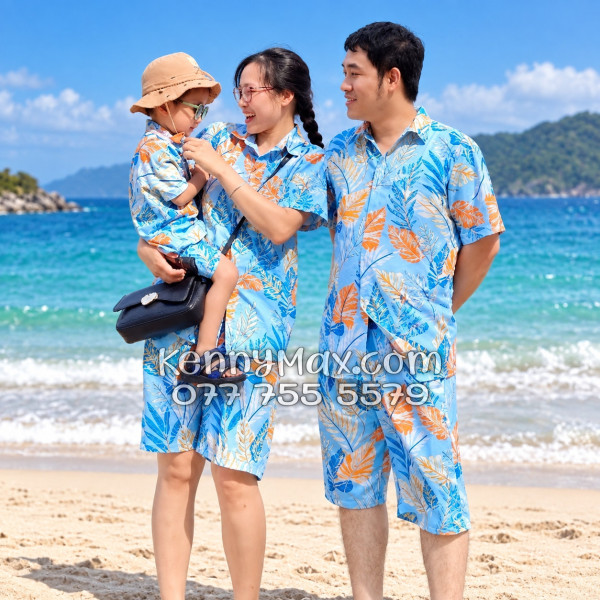 Bộ Áo Sơ Mi Quần Short Hawaiian Lá Môn Xanh Nam Nữ Đi Biển