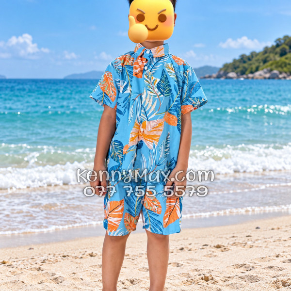Bộ Áo Sơ Mi Quần Short Hawaiian Lá Môn Xanh Nam Nữ Đi Biển