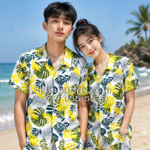 Bộ Áo Sơ Mi Quần Short Hawaiian Lá Vàng Nam Nữ Đi Biển