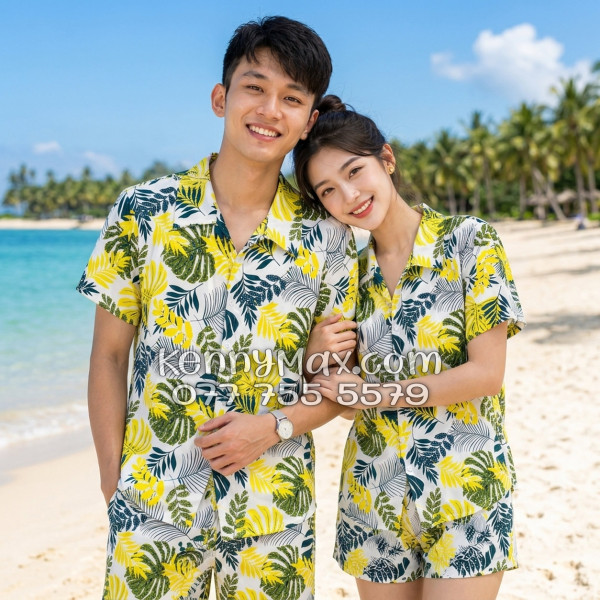 Bộ Áo Sơ Mi Quần Short Hawaiian Lá Vàng Nam Nữ Đi Biển