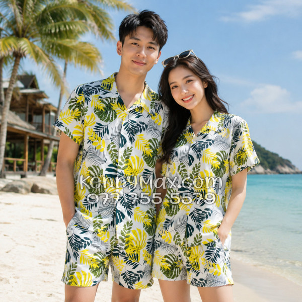 Bộ Áo Sơ Mi Quần Short Hawaiian Lá Vàng Nam Nữ Đi Biển