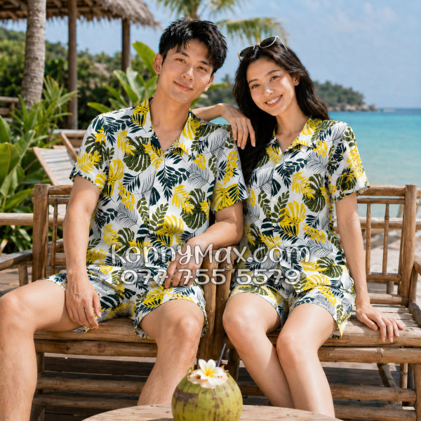 Bộ Áo Sơ Mi Quần Short Hawaiian Lá Vàng Nam Nữ Đi Biển