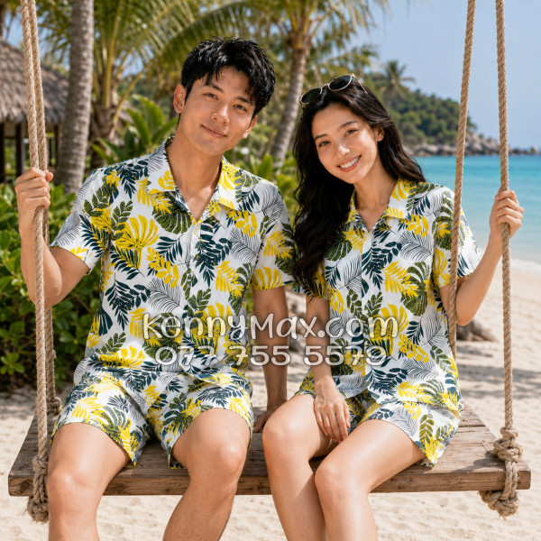 Bộ Áo Sơ Mi Quần Short Hawaiian Lá Vàng Nam Nữ Đi Biển