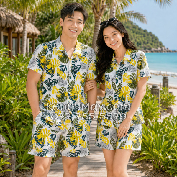 Bộ Áo Sơ Mi Quần Short Hawaiian Lá Vàng Nam Nữ Đi Biển
