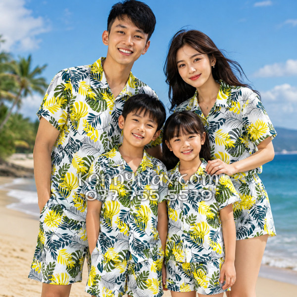 Bộ Áo Sơ Mi Quần Short Hawaiian Lá Vàng Nam Nữ Đi Biển