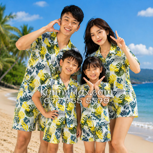 Bộ Áo Sơ Mi Quần Short Hawaiian Lá Vàng Nam Nữ Đi Biển