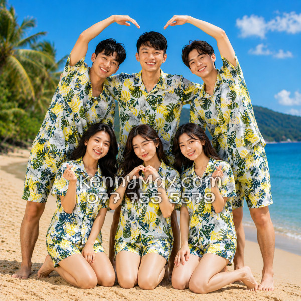 Bộ Áo Sơ Mi Quần Short Hawaiian Lá Vàng Nam Nữ Đi Biển